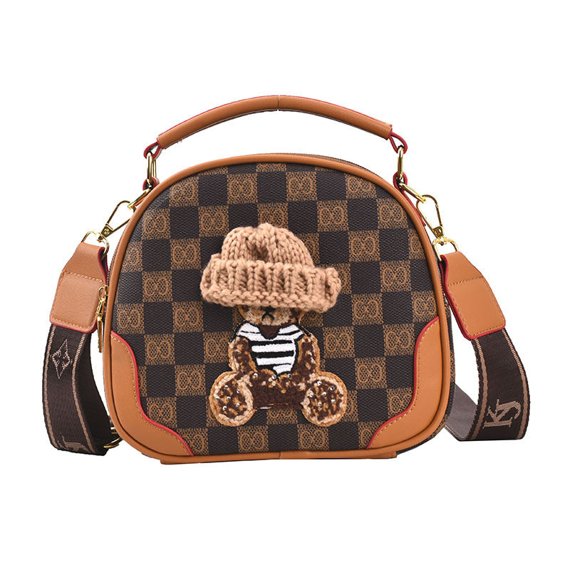 New Fashion Bear Old Flower Hand-Held Shoulder Bag Spring Style Personality Retro Small Round Bag Messenger Bag Women's Bag