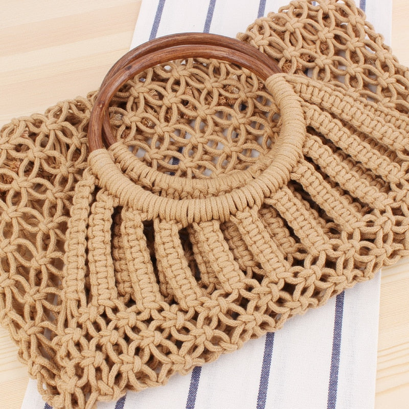 Hand-knitted Hollow Handbag Round Wooden Ring Rattan Handle Ladies Shopping Bag Cotton Rope Net Pocket Holiday Beach Bag