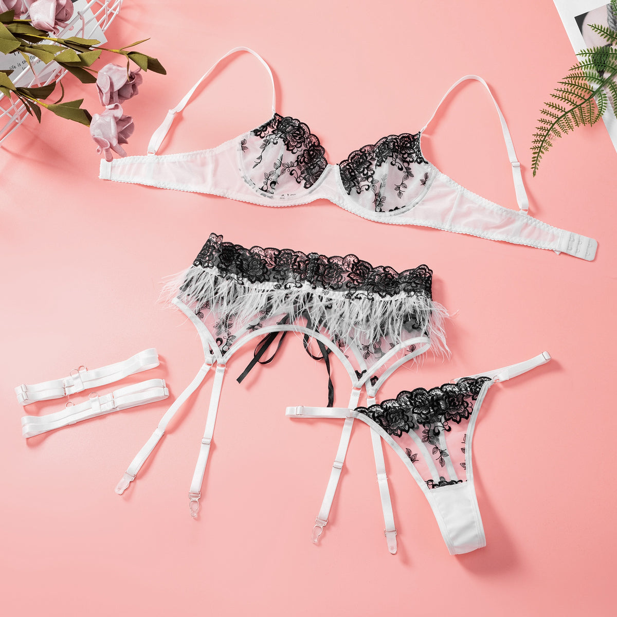 Black Floral Embroidered Lace Lingerie Set