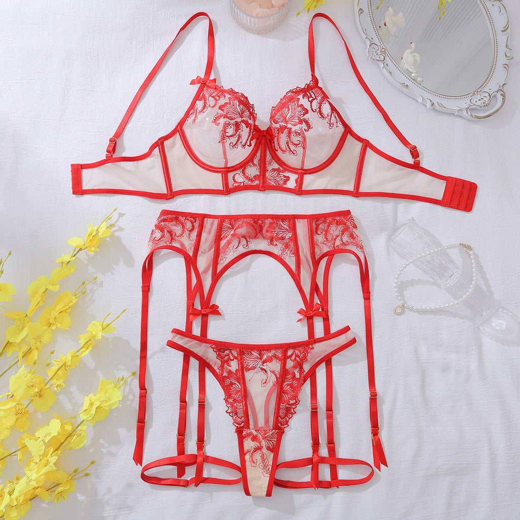 Floral lace perspective hollow shaping lingerie four piece split set