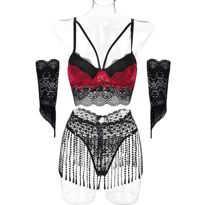 Three Piece Sling Set With Fringed Girdle Lace Stitching And Gloves Sexy Lingerie Set