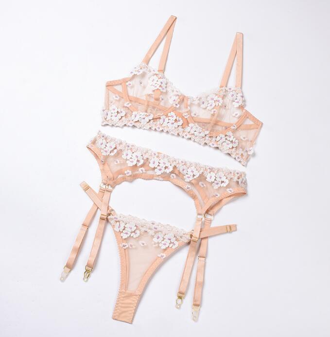 Sexy Lingerie Lace Hollow Ladies New Mini Flower Embroidery Three Pieces Set