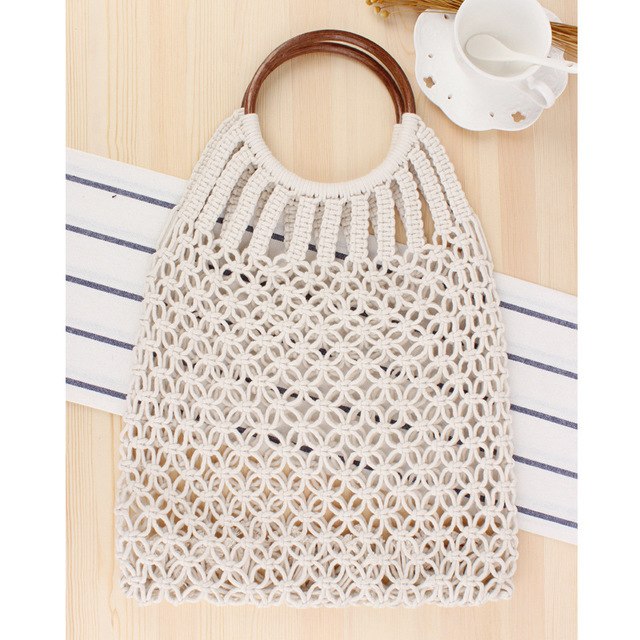Hand-knitted Hollow Handbag Round Wooden Ring Rattan Handle Ladies Shopping Bag Cotton Rope Net Pocket Holiday Beach Bag