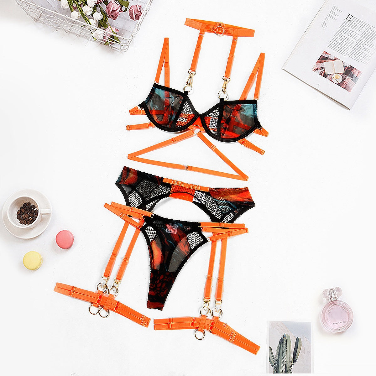 Sexy neck hanging mesh sexy lingerie detachable five piece set