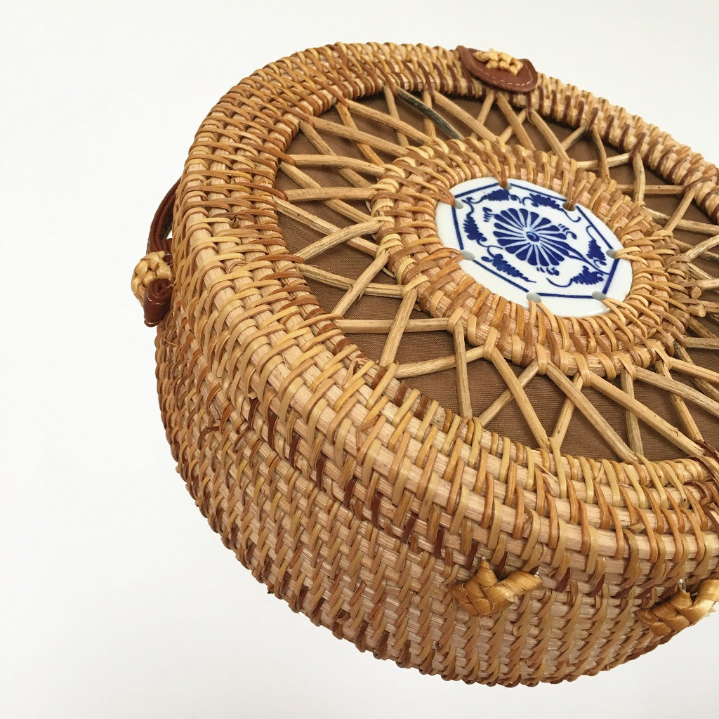 Ceramic Rattan Bag Vietnamese Hand-Woven Bag Leather Buckle Straw Round Bag Ins Beach Shoulder Bag Messenger Bag