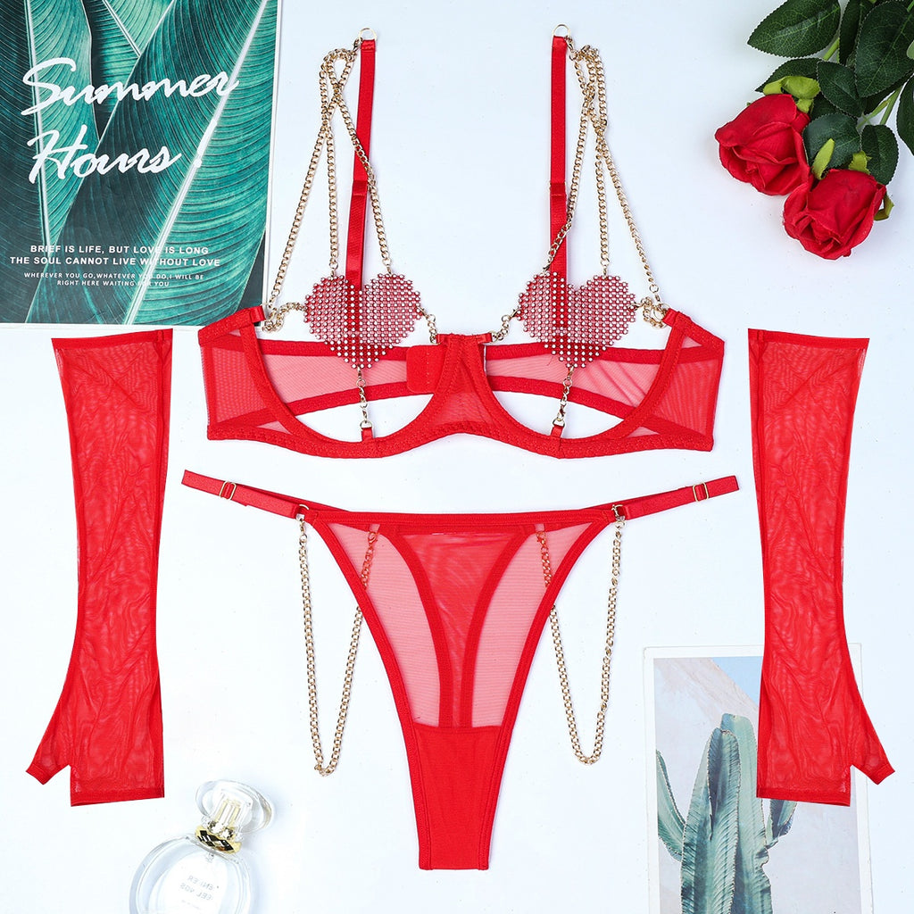 Christmas Red Heart Crystal Spliced Metal Chain Hollow  Sexy Lingerie Four-Piece Set