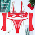 Christmas Red Heart Crystal Spliced Metal Chain Hollow  Sexy Lingerie Four-Piece Set