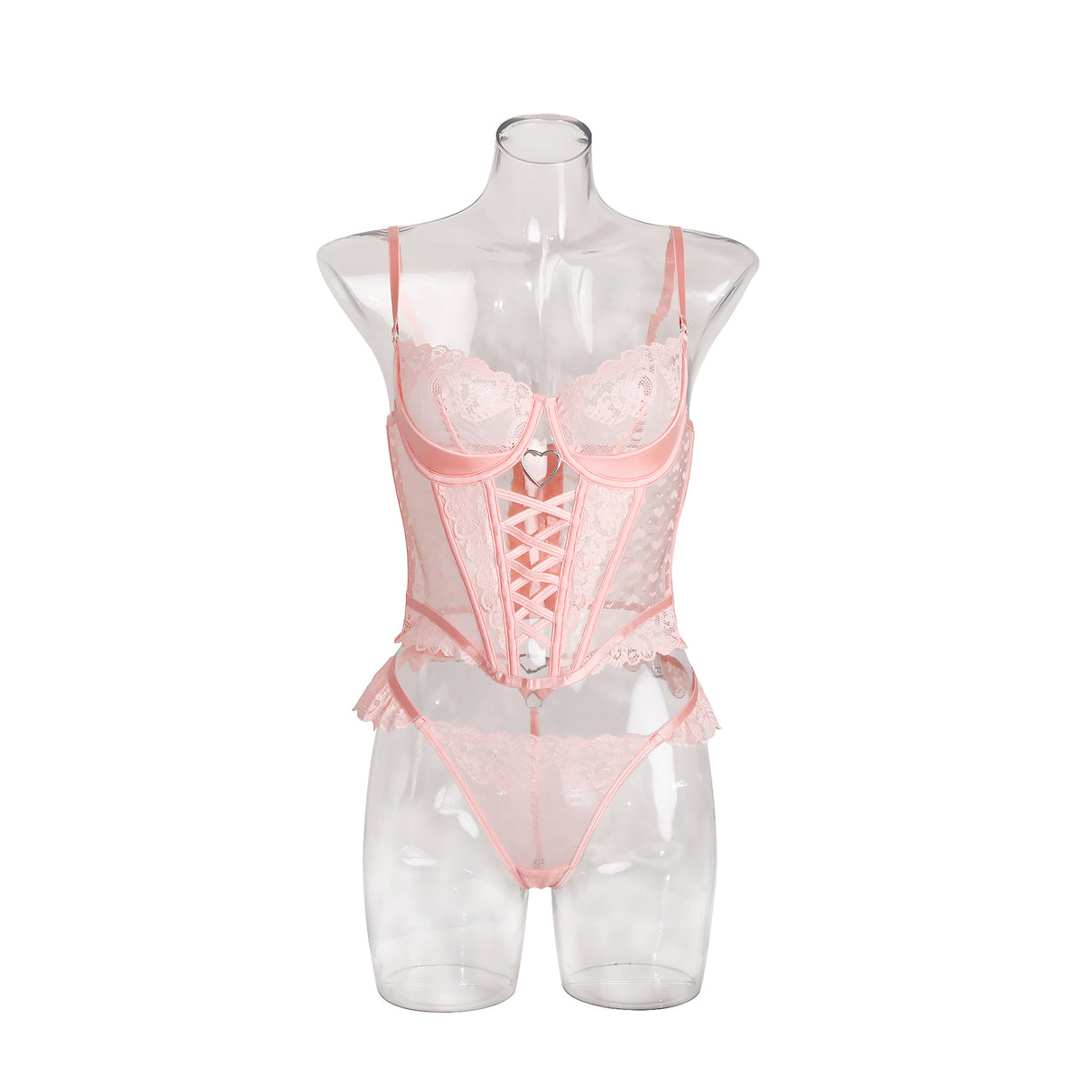 Lace Trim Spliced Sheer Heart Push-Up Strap Lingerie Two-Piece Set