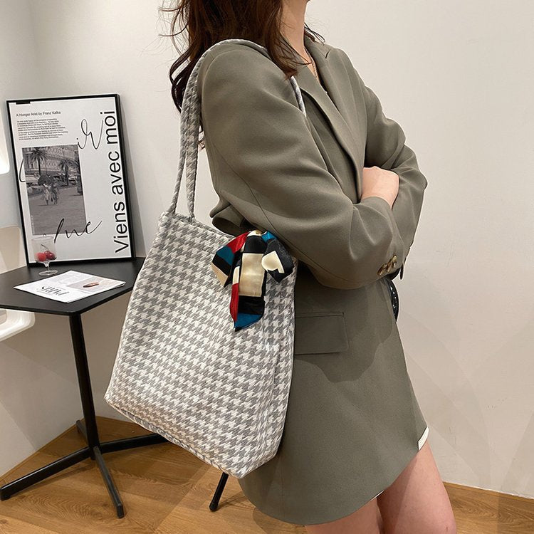 Large Capacity Canvas Bag New Women's Bag Fashion Silk Scarf Plaid Bag Contrast Color Messenger Bag Hand Held Student Bag