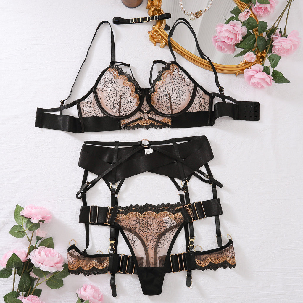 Perspective bra embroidery contrasting color sexy lingerie five piece set