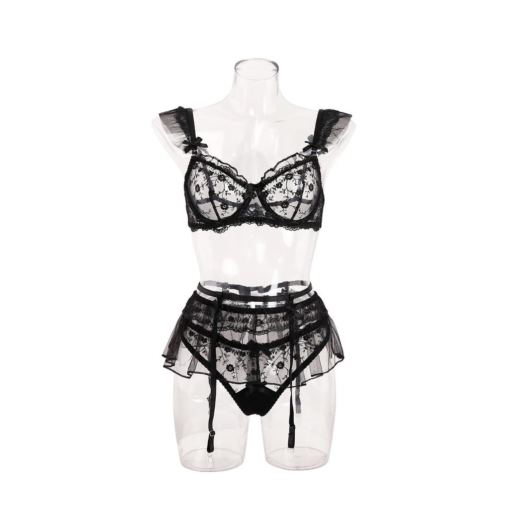 Sheer Lace Embroidery Sexy Lingerie Three-Piece Set