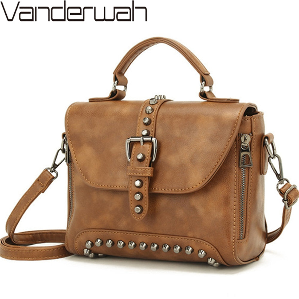 White Vintage Oil Leather Luxury Handbags Women Bags Designer Crossbody Bags For Women Rivet Small Ladies Hand bag