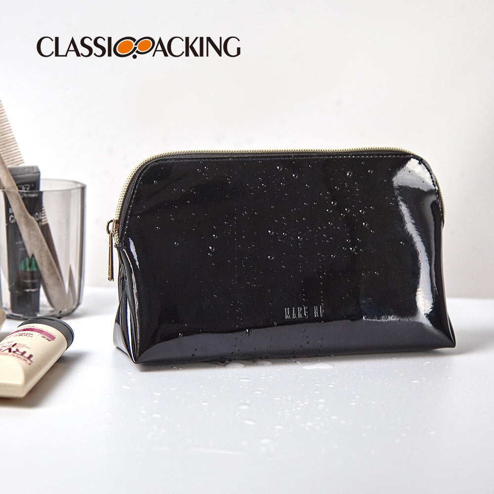 Simple Black Cosmetic Bag Waterproof Mirror Leather Material Wash Bag Multi-Functional Large Capacity Cosmetic Storage Bag