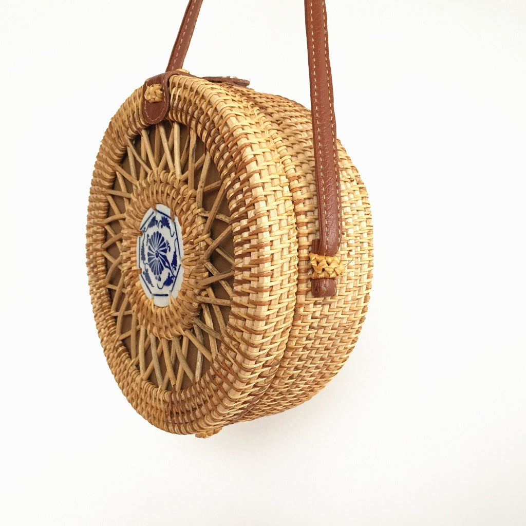Ceramic Rattan Bag Vietnamese Hand-Woven Bag Leather Buckle Straw Round Bag Ins Beach Shoulder Bag Messenger Bag