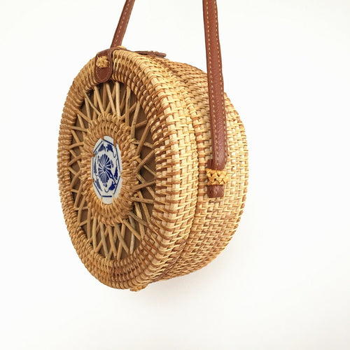 Ceramic Rattan Bag Vietnamese Hand-Woven Bag Leather Buckle Straw Round Bag Ins Beach Shoulder Bag Messenger Bag