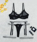 Cross-border Sexy Lingerie Lace Trim Rhinestone Transparent Thong Garter Belt Four-piece Set