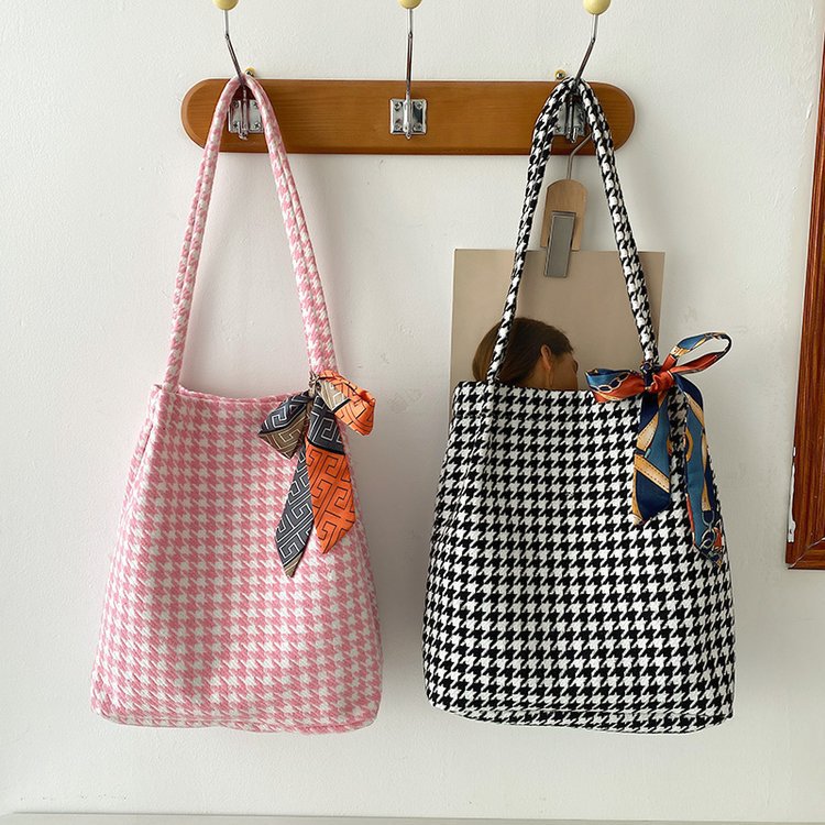 Large Capacity Canvas Bag New Women's Bag Fashion Silk Scarf Plaid Bag Contrast Color Messenger Bag Hand Held Student Bag