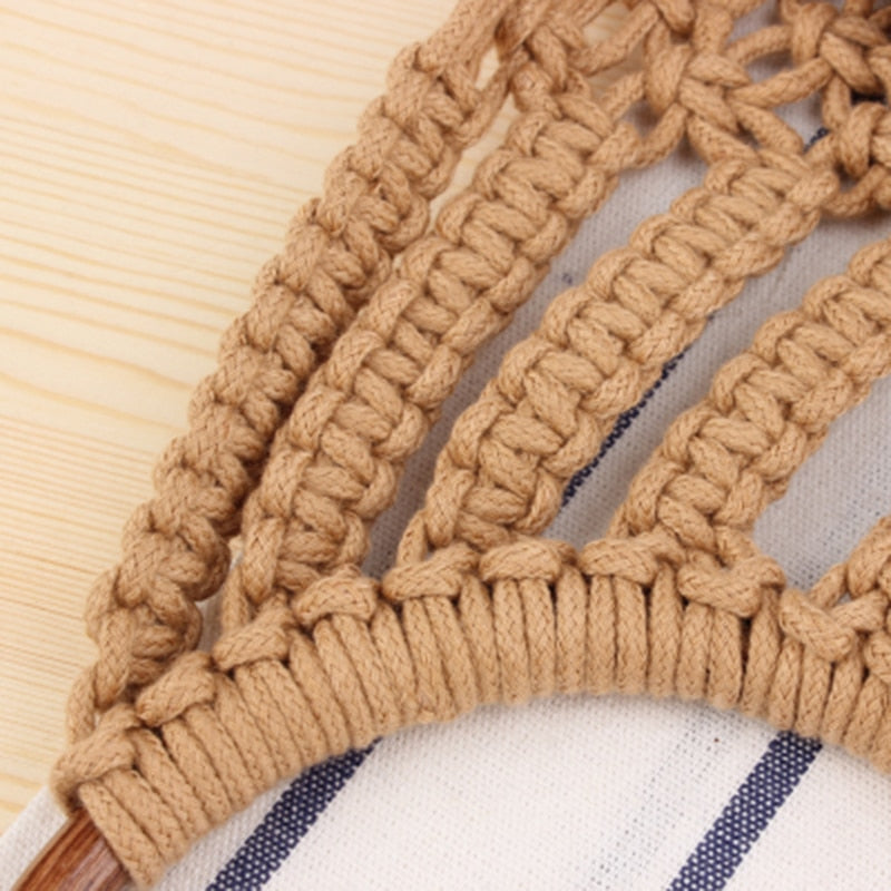 Hand-knitted Hollow Handbag Round Wooden Ring Rattan Handle Ladies Shopping Bag Cotton Rope Net Pocket Holiday Beach Bag