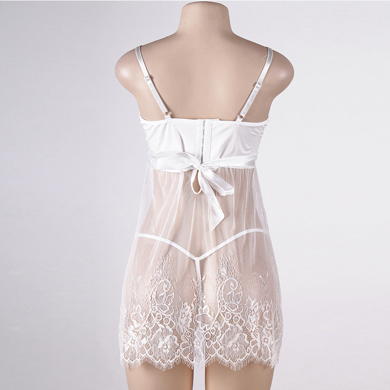 Large Size Women's Sleep Lounge Lace Tulle Sexy Lingerie Breathable Sling Nightgowns Harness Bra Set