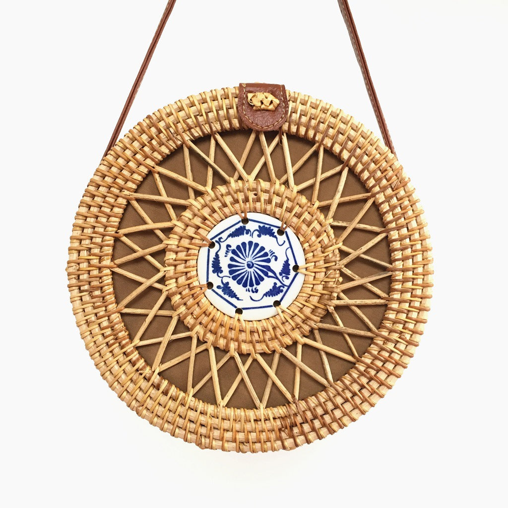 Ceramic Rattan Bag Vietnamese Hand-Woven Bag Leather Buckle Straw Round Bag Ins Beach Shoulder Bag Messenger Bag
