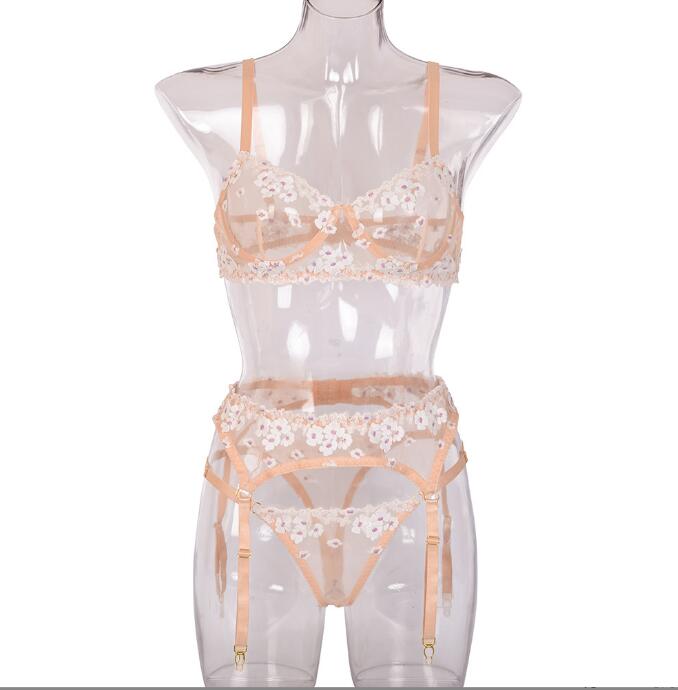 Sexy Lingerie Lace Hollow Ladies New Mini Flower Embroidery Three Pieces Set