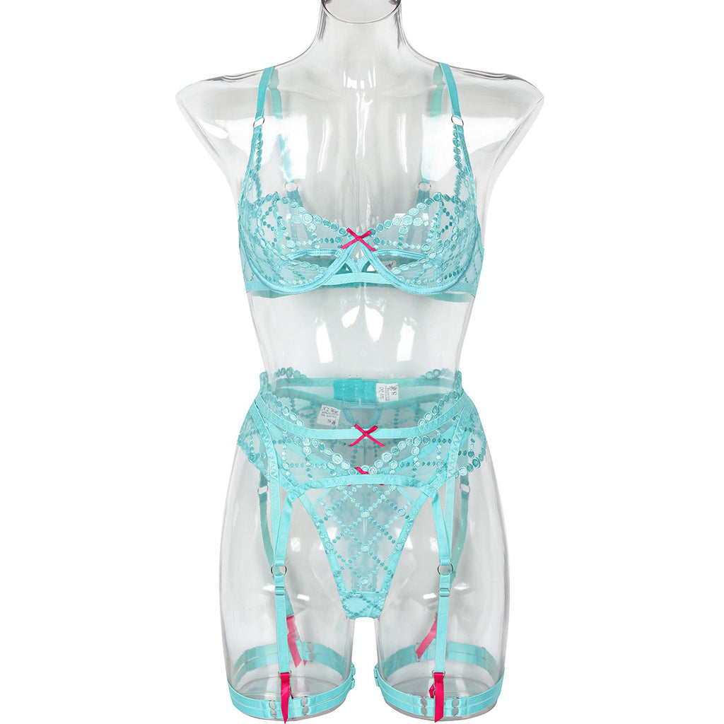 Embroidered mesh splicing perspective sexy lingerie four piece set