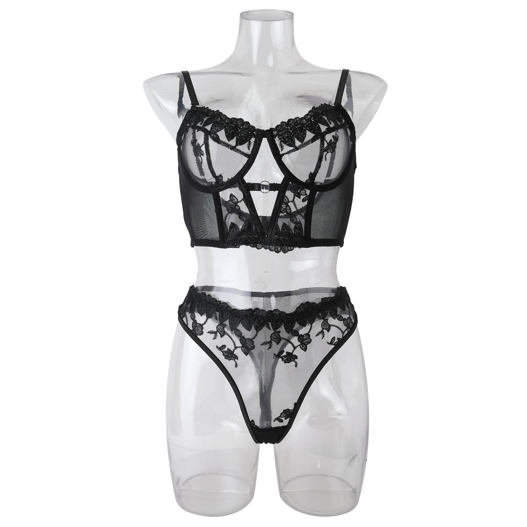 Sheer Mesh Embroidery Patchwork Push-Up Underwire Cut-Out Lingerie Set