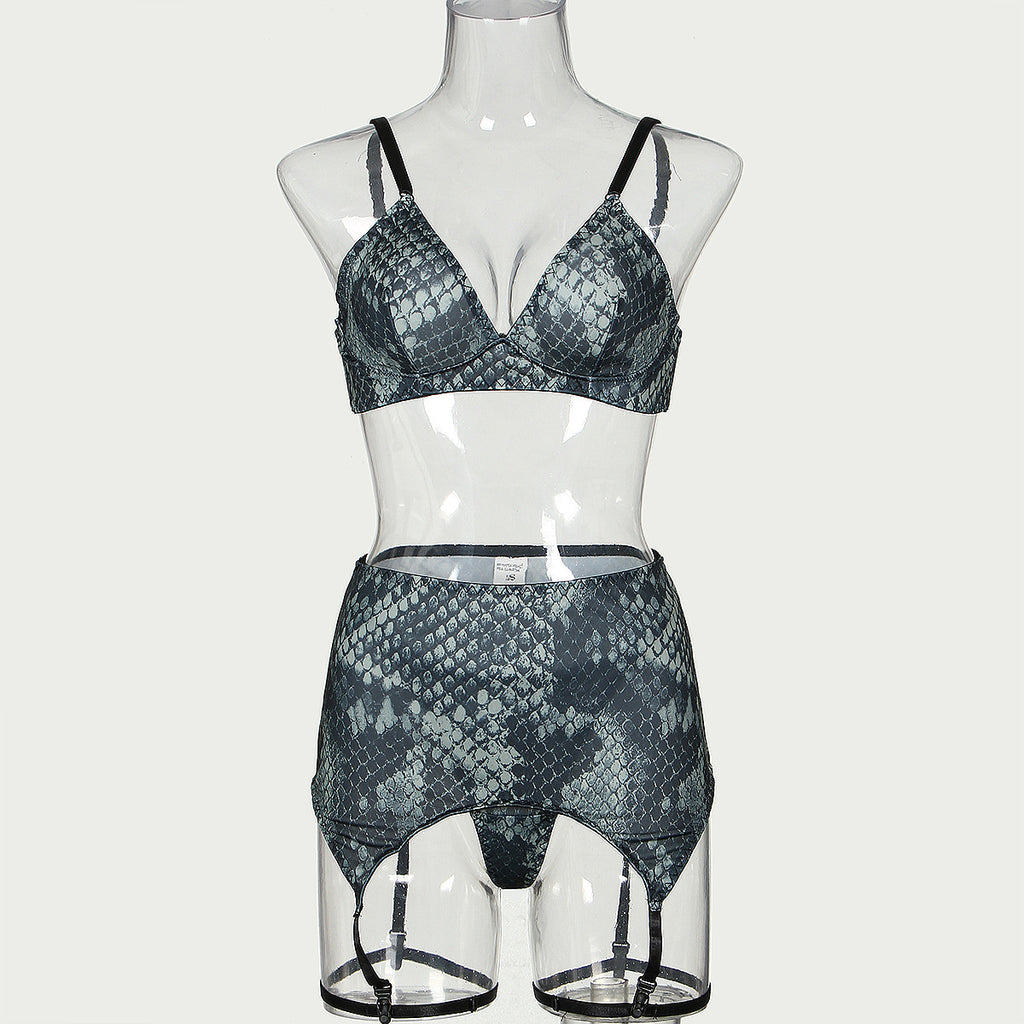 Sexy snake print backless lingerie four piece set for women