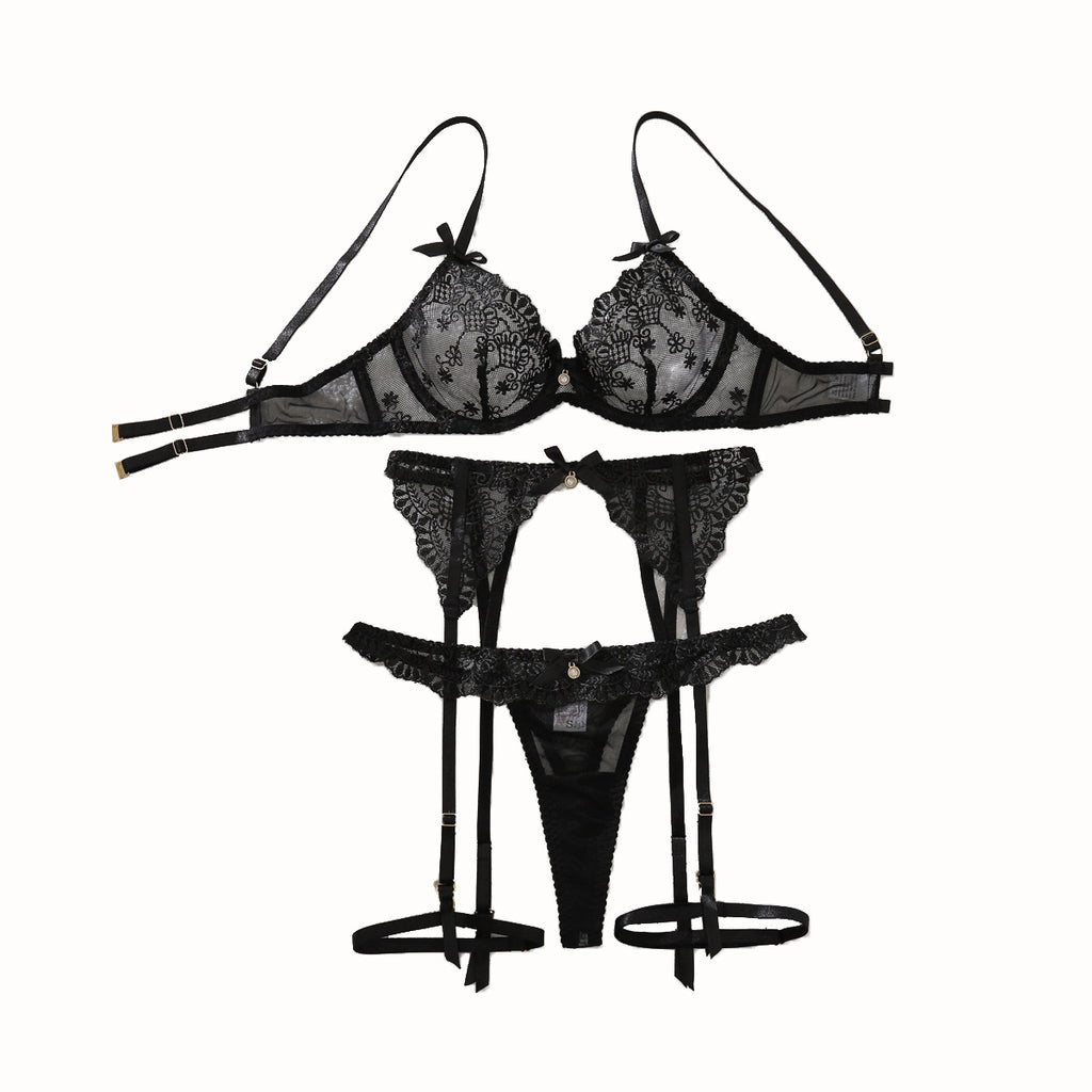 Black perspective embroidery sexy slim fit shaping lingerie split set