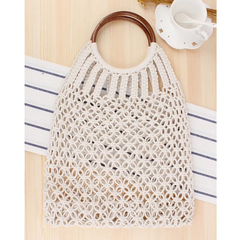 Hand-knitted Hollow Handbag Round Wooden Ring Rattan Handle Ladies Shopping Bag Cotton Rope Net Pocket Holiday Beach Bag