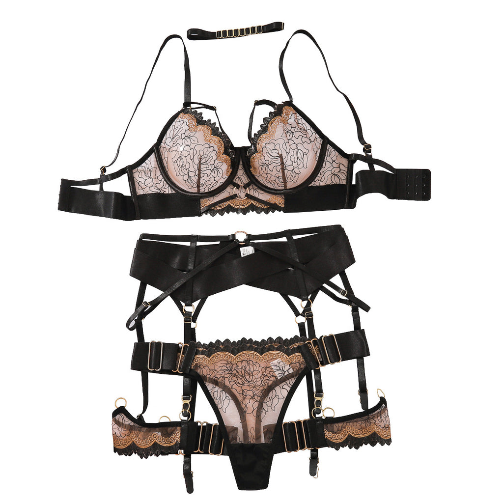 Perspective bra embroidery contrasting color sexy lingerie five piece set