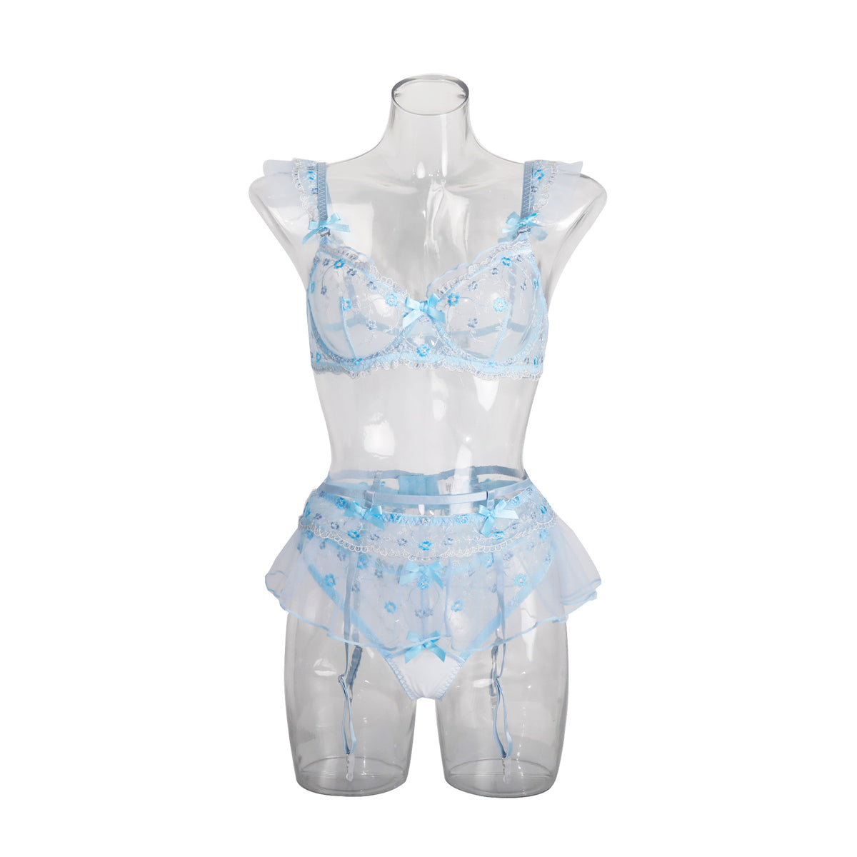 Sheer Lace Embroidery Sexy Lingerie Three-Piece Set