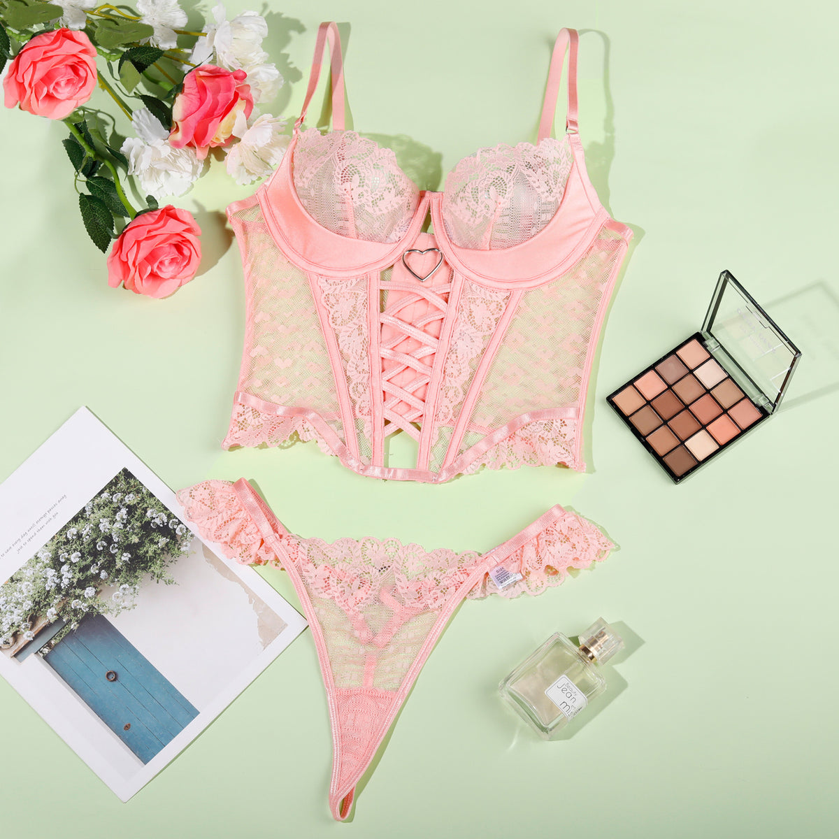 Lace Trim Spliced Sheer Heart Push-Up Strap Lingerie Two-Piece Set
