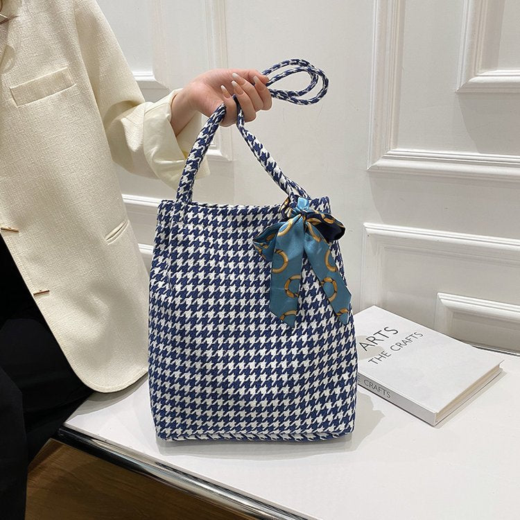 Large Capacity Canvas Bag New Women's Bag Fashion Silk Scarf Plaid Bag Contrast Color Messenger Bag Hand Held Student Bag