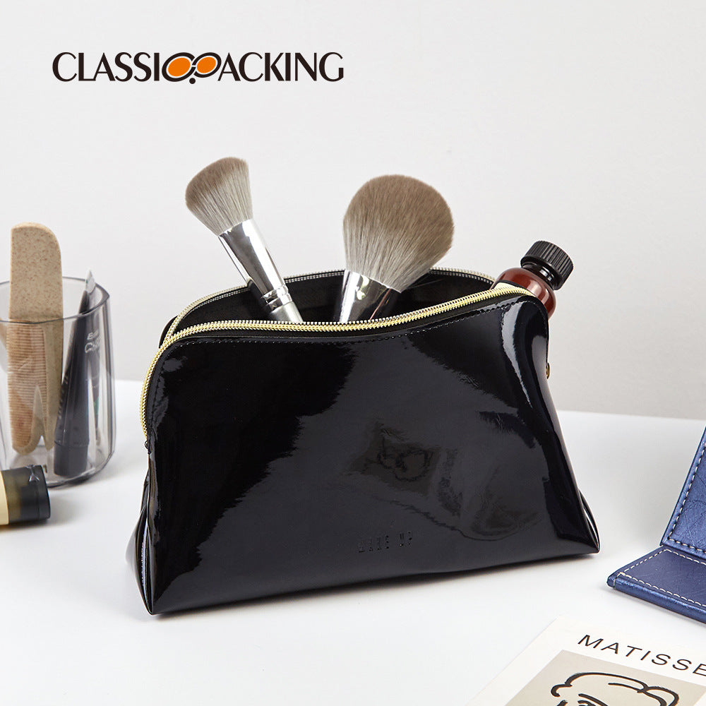 Simple Black Cosmetic Bag Waterproof Mirror Leather Material Wash Bag Multi-Functional Large Capacity Cosmetic Storage Bag