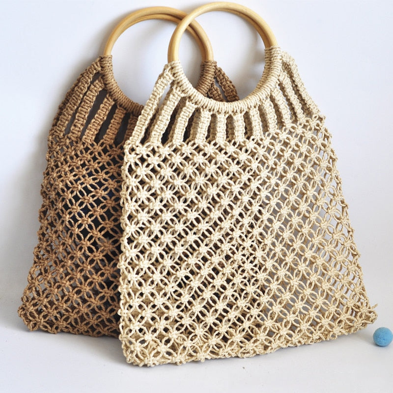 Hand-knitted Hollow Handbag Round Wooden Ring Rattan Handle Ladies Shopping Bag Cotton Rope Net Pocket Holiday Beach Bag