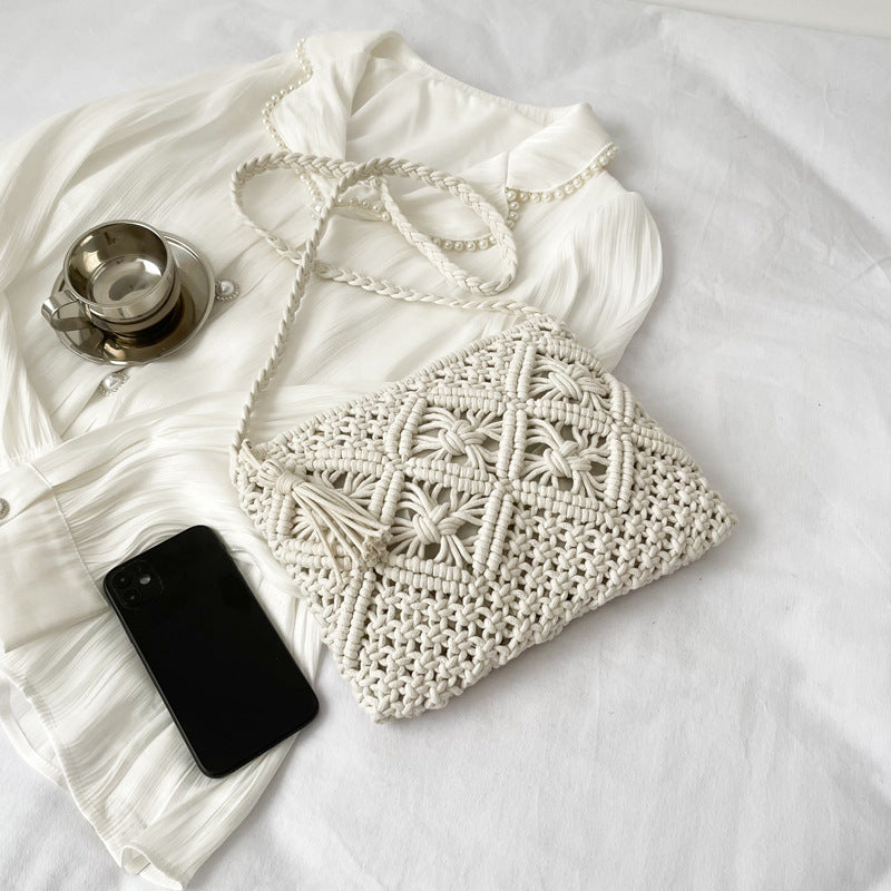 Spring And Summer Trendy Cotton Rope Tassel Hand Woven Bag Hand Held One Shoulder Straw Bag Casual Women's Bag Beach Bag