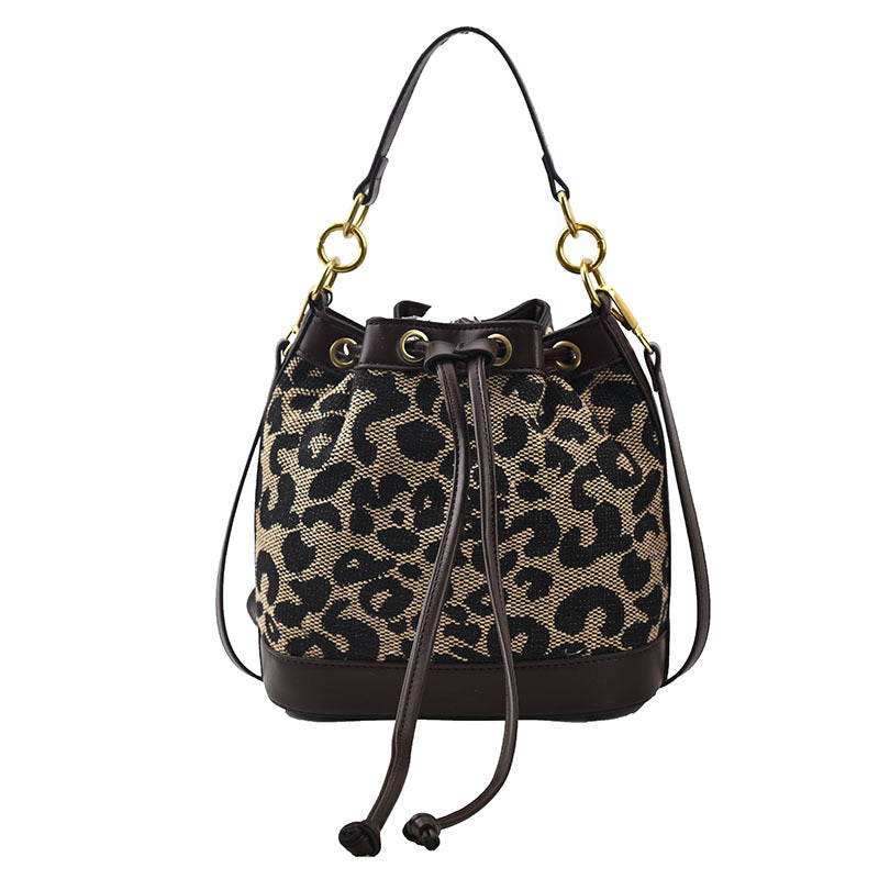 New Simple Trend Bag Retro One Shoulder Hand Bag Underarm Handbag Leopard Print Drawstring Crossbody Bag