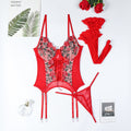 Floral Embroidery Cross-Tie Women's Sexy Lingerie Set Red Valentine's Day Gift Three-Piece Set
