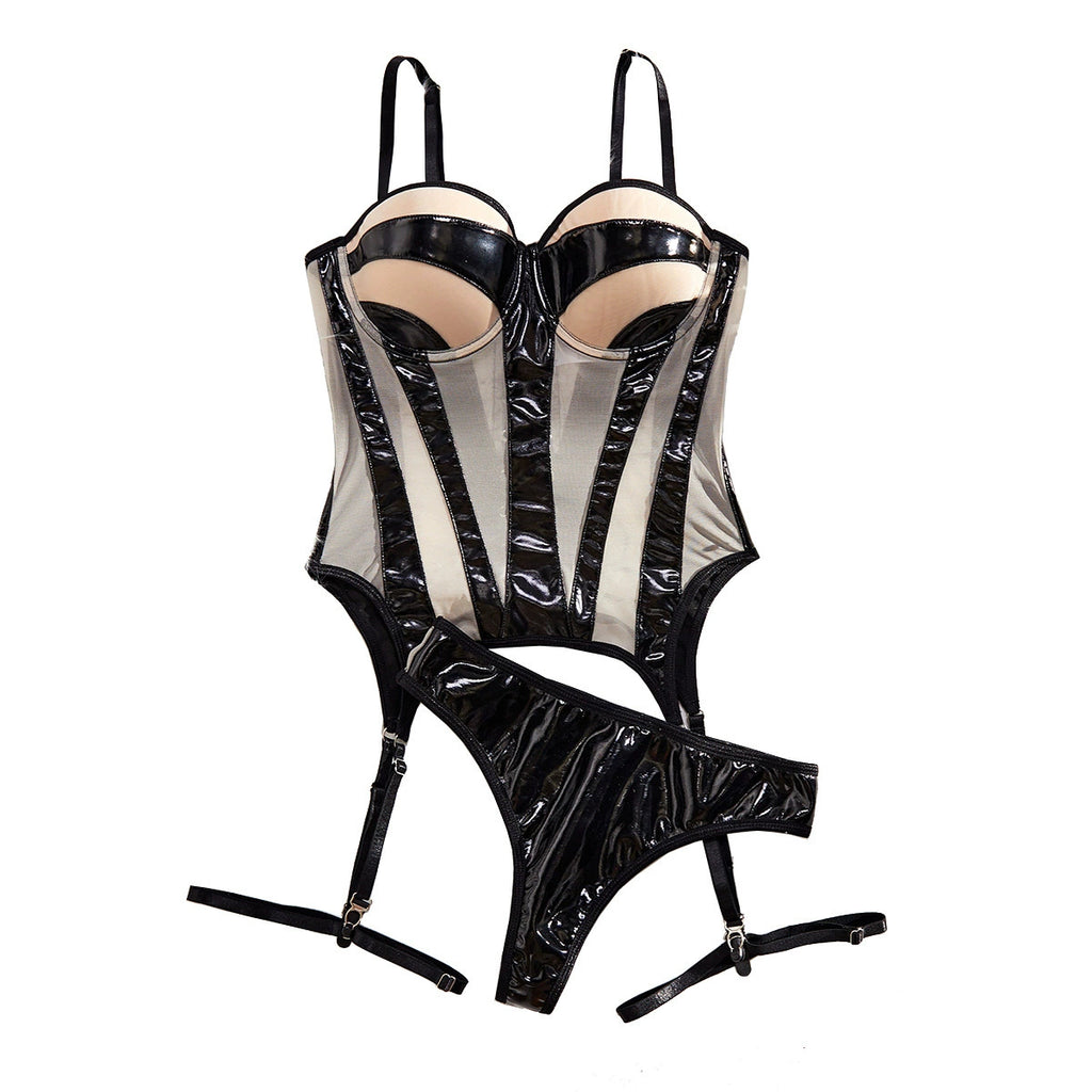 Mesh steel ring gathering shaping lingerie three piece set