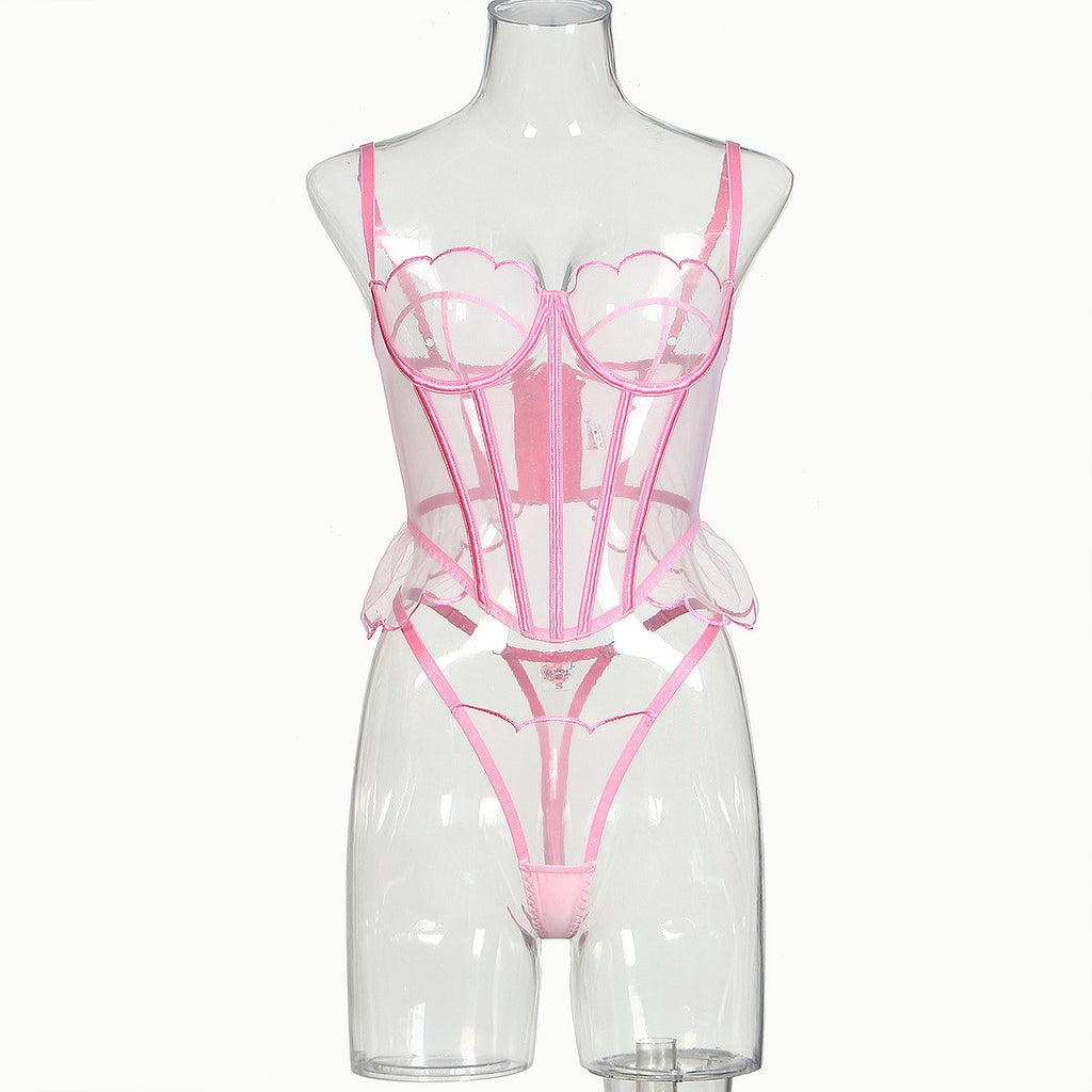 Two piece set of shapewear straps with mesh edges and perspective lingerie