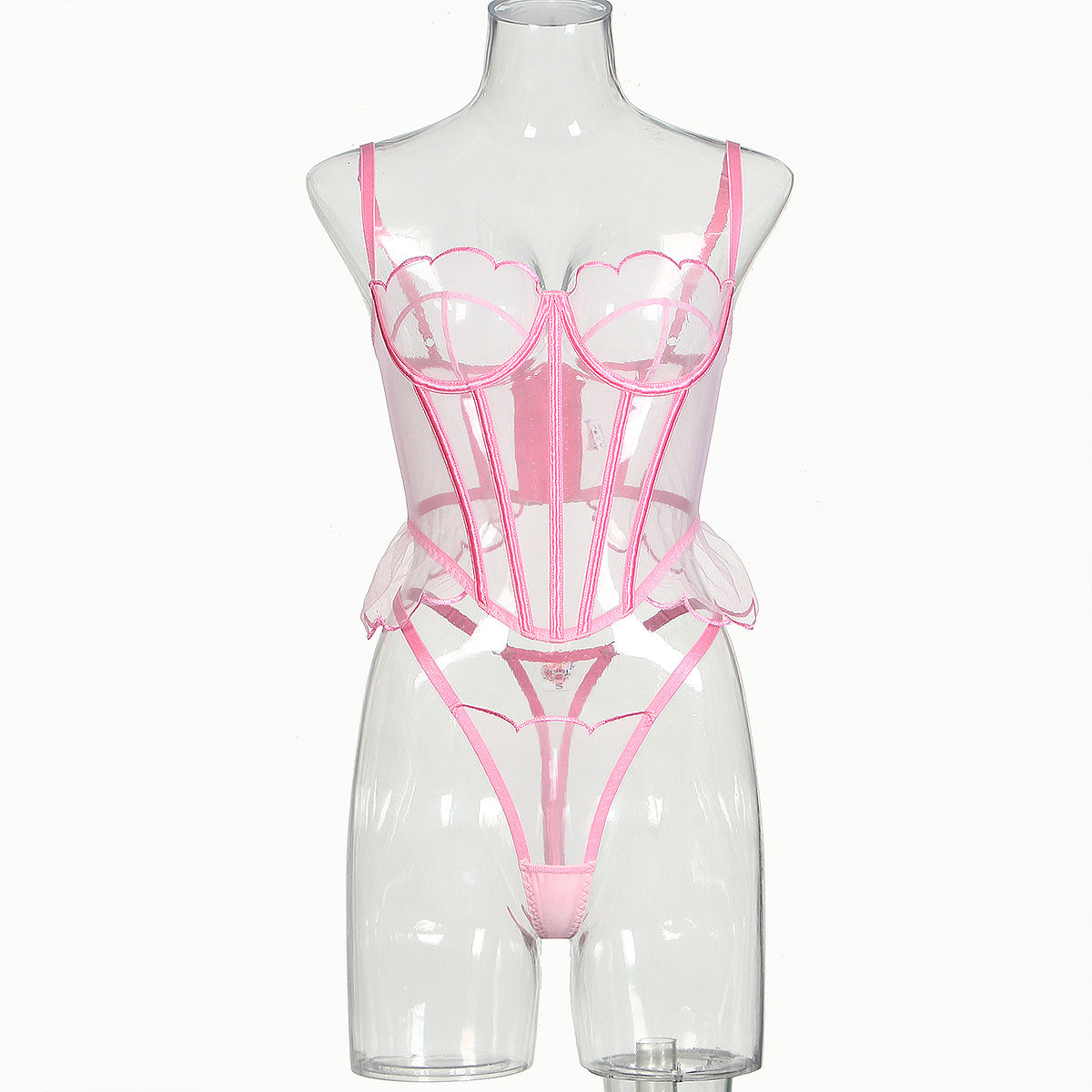 Two piece set of shapewear straps with mesh edges and perspective lingerie
