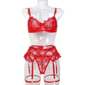 Valentine's Day Red Rose Flower Embroidery Waist-Cinching Sexy Lingerie European and American Style Erotic Three-Piece Set for Women