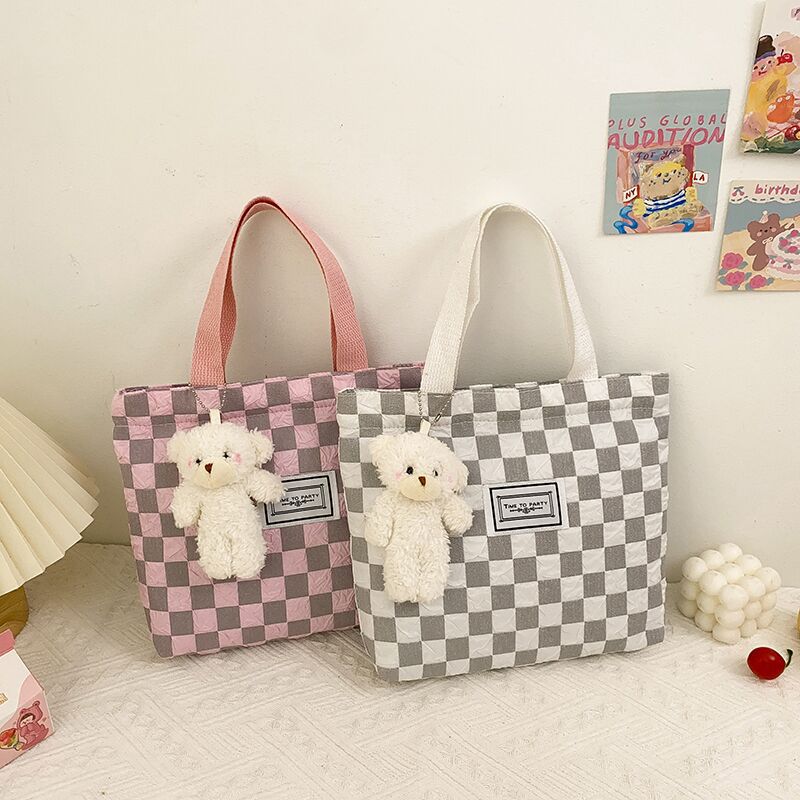 Summer New Style Bubble Grid Shoulder Messenger Bag Work Commuting Lunch Bag Ladies Hand-Held Canvas Bag