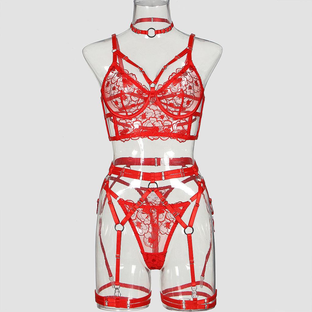 Embroidered hollow body shaping lingerie five piece garter belt set