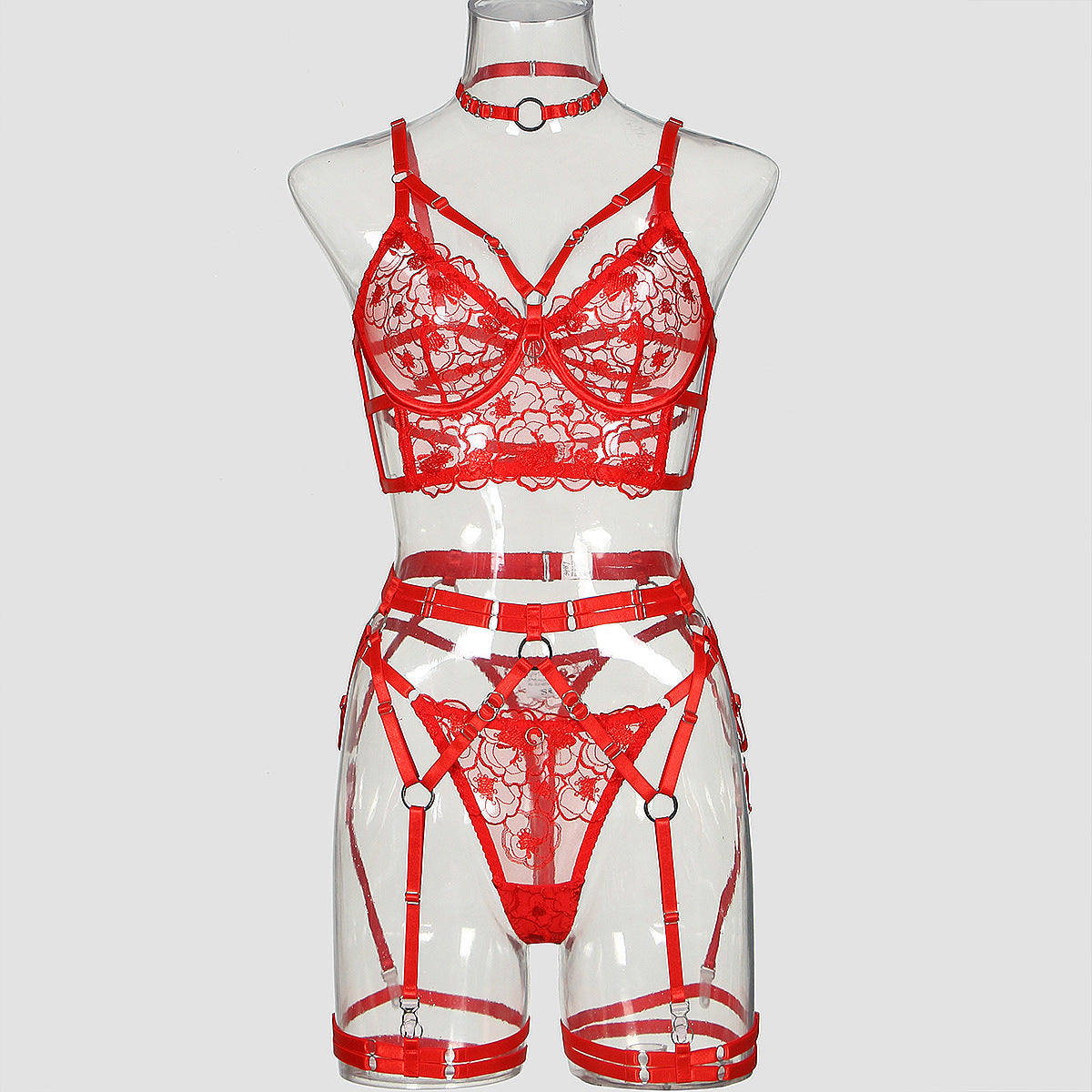 Embroidered hollow body shaping lingerie five piece garter belt set