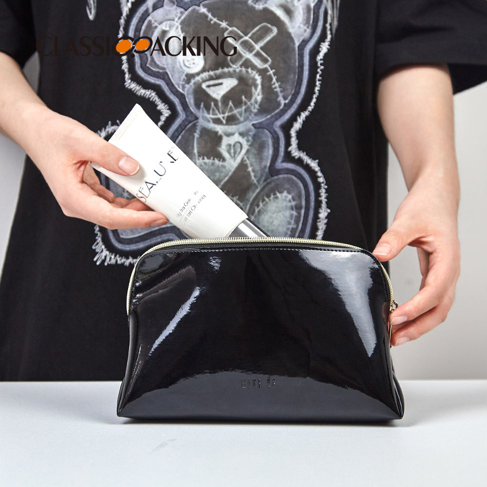 Simple Black Cosmetic Bag Waterproof Mirror Leather Material Wash Bag Multi-Functional Large Capacity Cosmetic Storage Bag