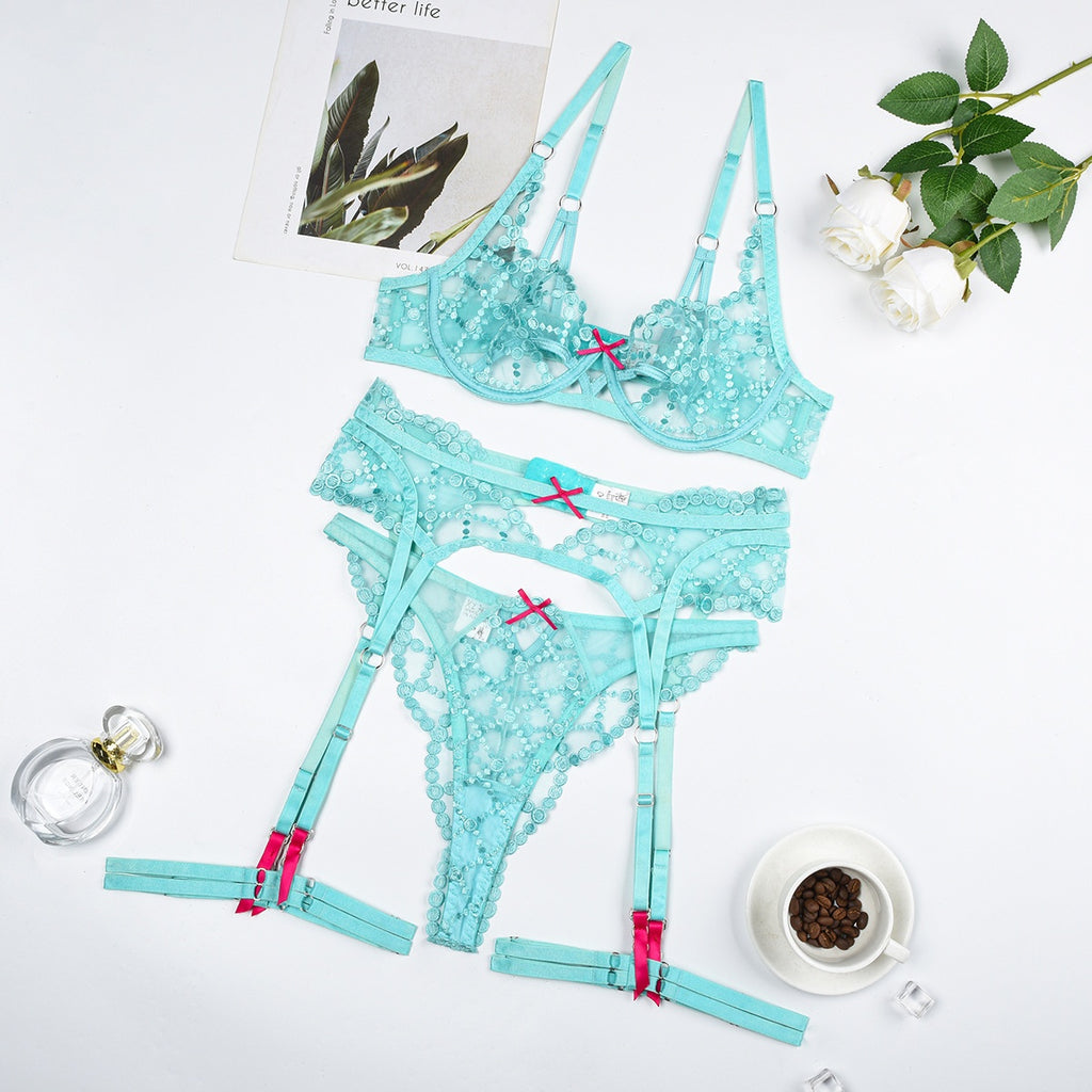 Embroidered mesh splicing perspective sexy lingerie four piece set