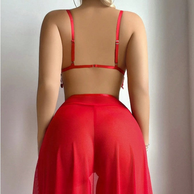 Hollow metal chain red sexy lingerie set for women