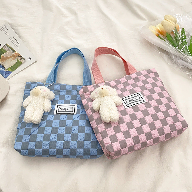 Summer New Style Bubble Grid Shoulder Messenger Bag Work Commuting Lunch Bag Ladies Hand-Held Canvas Bag